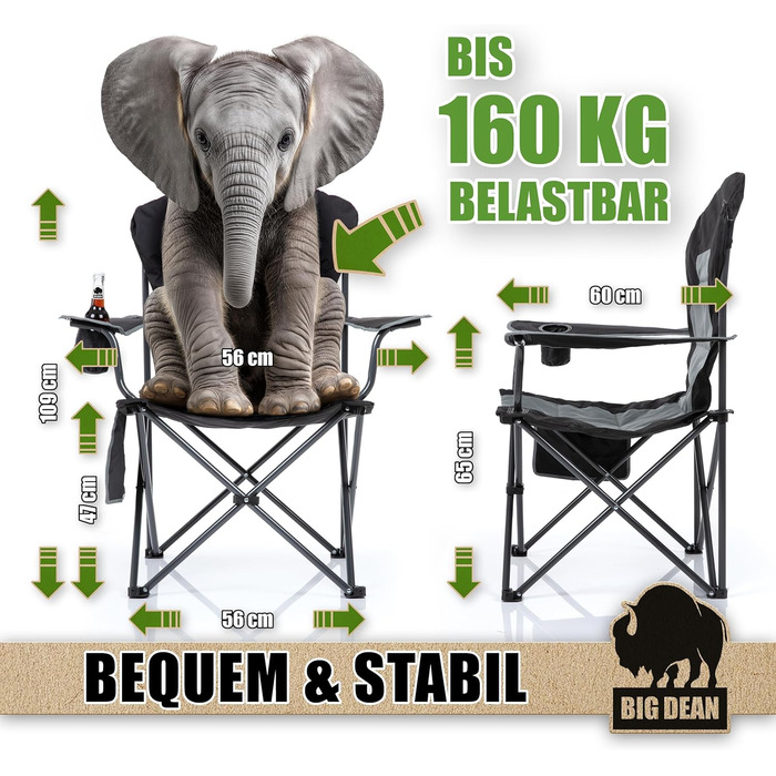 Крісло для кемпінгу BigDean Luxus: розкладне, 160 кг, велике, з високою спинкою, комфортне, з підлокітниками