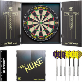 Професійний набір для дартсу Target Darts Luke Littler Kabinett & Dartboard Set 'The Nuke' з шафкою, двома наборами стілдарців та аксесуарами, ідеально підходить для гравців, включає пунктетаблиці, оригінальна гравецька версія