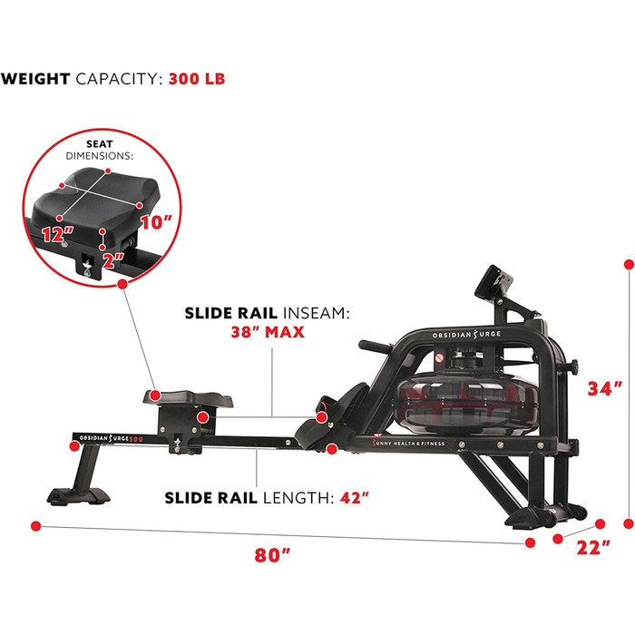Водний гребний тренажер Sunny Health & Fitness Obsidian SF-RW5713 з LCD-дисплеєм, ергометром, комп'ютером тренувань, сумісний з пульсометром, до 113 кг