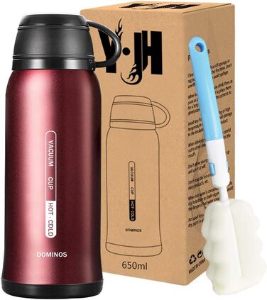 Термофляга Y·J&H з нержавіючої сталі, 650 мл, червона: двостінна, без BPA, з кришкою-чашкою, для гарячих напоїв, кемпінг, подорожі