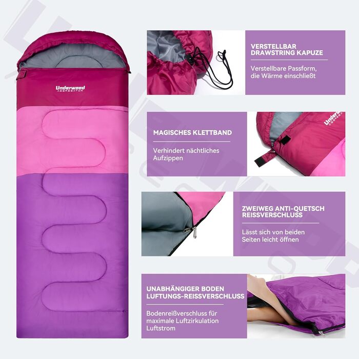 Спальні мішки для дорослих та дітей – ультралегкі, компактні, 3-сезонні спальні мішки для кемпінгу (фіолетовий), 1,3 кг