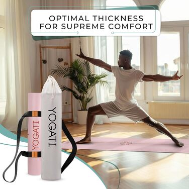 Протиковзкий килимок для йоги та фітнесу YOGATI з натурального каучуку, великий килимок з розміткою та сумкою для перенесення, рожевий