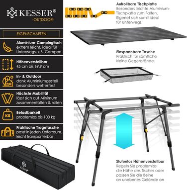 Складний кемпінговий стіл KESSER® з алюмінієвим каркасом 90x53 см, до 100 кг, з сумкою для транспортування