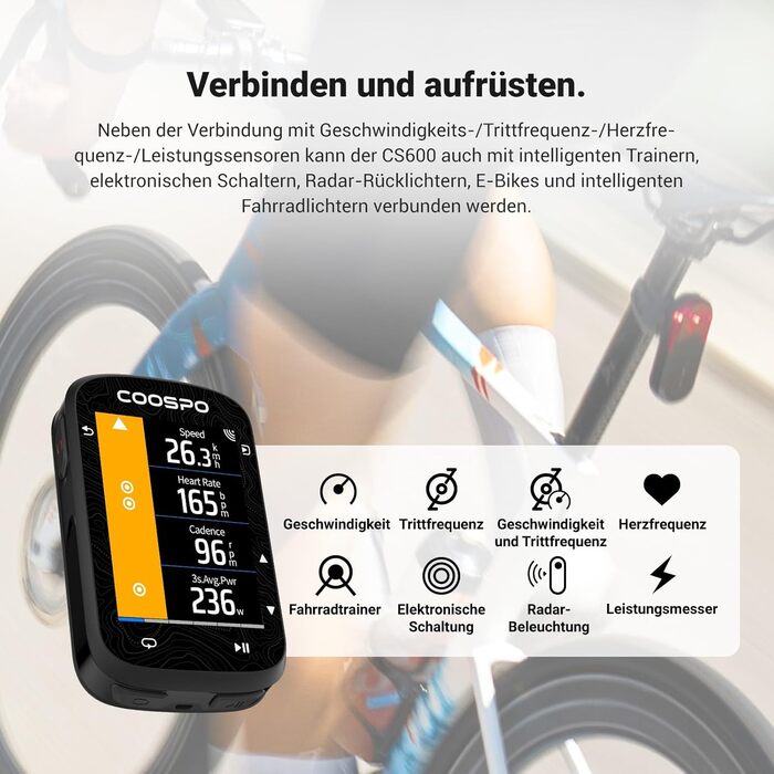 Велокомп'ютер GPS COOSPO CS600 з Bluetooth/ANT+, бездротовий, водонепроникний IPX7, з підсвіткою та навігацією, підтримка велорадара, 36 годин роботи