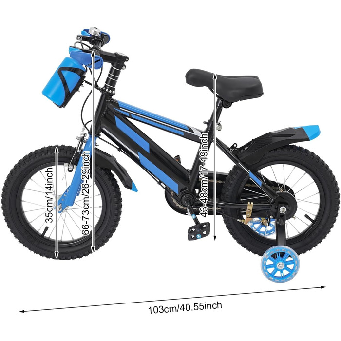 Дитяче велосипед 14 дюймів для хлопчиків та дівчаток з додатковими колесами та пляшкою для води, від 3 років, з двома гальмами, регульоване по висоті, міцний та стабільний