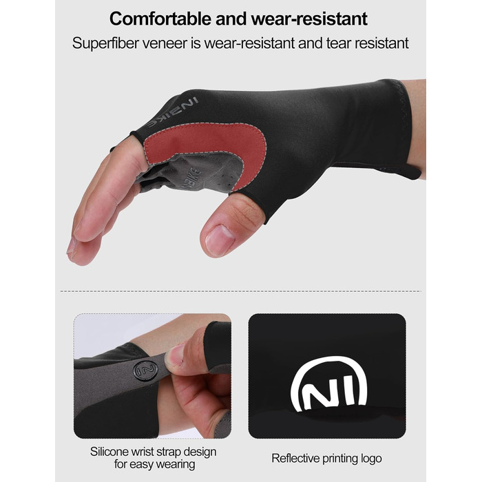 Велосипедні рукавички INBIKE літні напівпальцеві дихаючі, з еластичністю, для шосе та MTB, 3 мм SDR, антиковзаючі, з світловідбиваючими елементами, чорні, чоловічі/жіночі