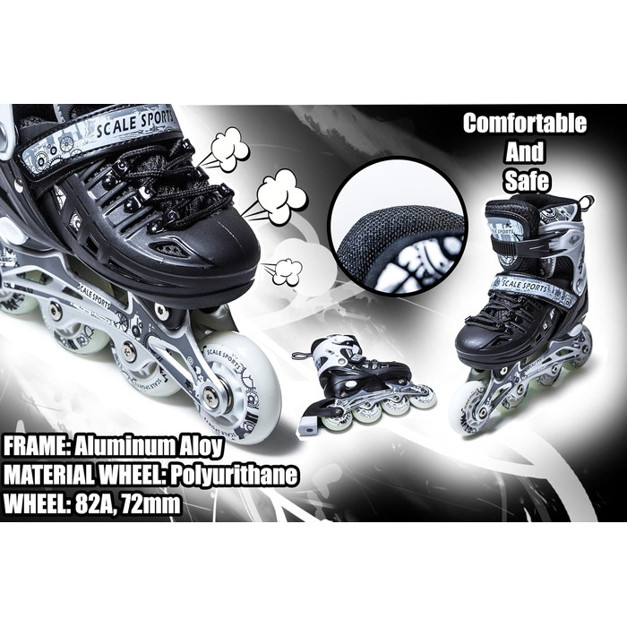 Регульовані роликові ковзани з підсвічуванням коліс для дітей та дорослих – роликові ковзани Inline, чорно-білі
