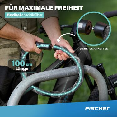 Ланцюговий замок для велосипеда та електровелосипеда FISCHER PROTEC SK100, 100 см, чорний, зі світловідбиваючими нитками, 2 ключі