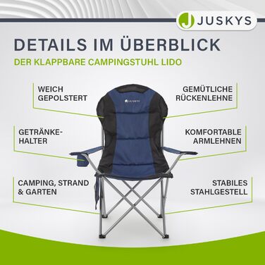 Крісло для кемпінгу Juskys Lido складне з підсклянником, кишенею та сумкою для перенесення - зручне крісло для відпочинку на природі з підлокітниками та спинкою - 4 кольори (синій)