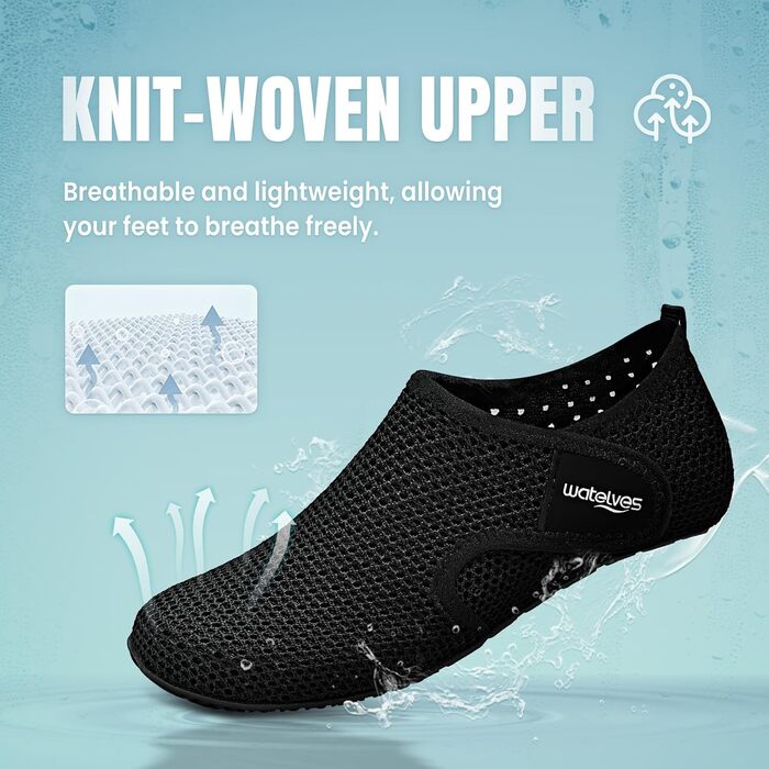 Водні черевики WateLves для плавання та відпочинку: басейн, пляж, дайвінг, серфінг. Чоловічі та жіночі, чорні, 42 EU