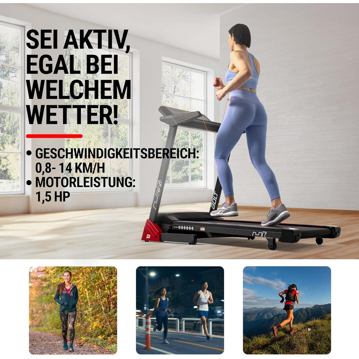 Бігова доріжка Hop-Sport Bolt для дому, електрична, з нахилом, складана, LCD-дисплей, Bluetooth, тримач для планшета/смартфона, швидкість до 14 км/год, навантаження до 130 кг