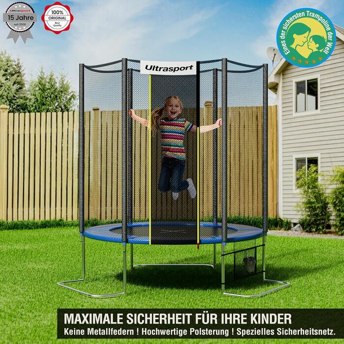 Трамплін Ultrasport SICHERSTE для дітей на відкритому повітрі Ø180/244/305/366/430 см, до 150 кг, з тихою гумовою пружиною, повний комплект з сіткою безпеки, аксесуари, садовий, безпечний (блакитний, Safe 244 см)