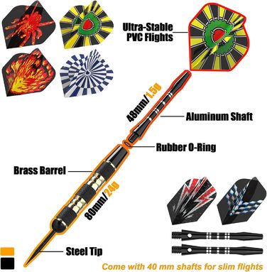 Професійні дротики Alyoen Metallspitze (6 шт) 20/24/26 г з алюмінієвими стеблями, пір'ями, точилом та захистом для польотів