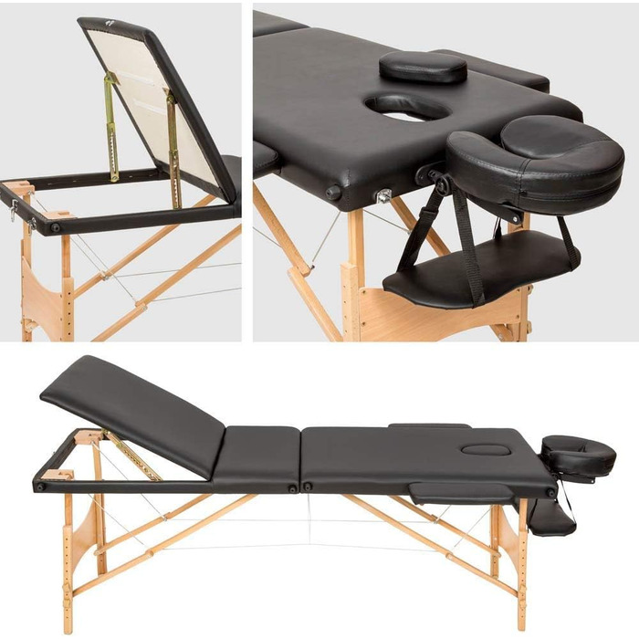 Професійний масажний стіл FRANKYSTAR для косметологів та фізіотерапевтів, 3 зони, чорний PU-пластик, дерев'яно-сталеве складне шасі, з сумкою