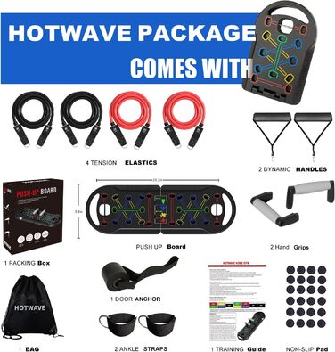 Hotwave дошка для віджимань з еспандерами, тренажер для силових вправ, безпечні ручки, універсальний фітнес для дому, тренування грудей і рук, чоловіки та жінки, чорний набір