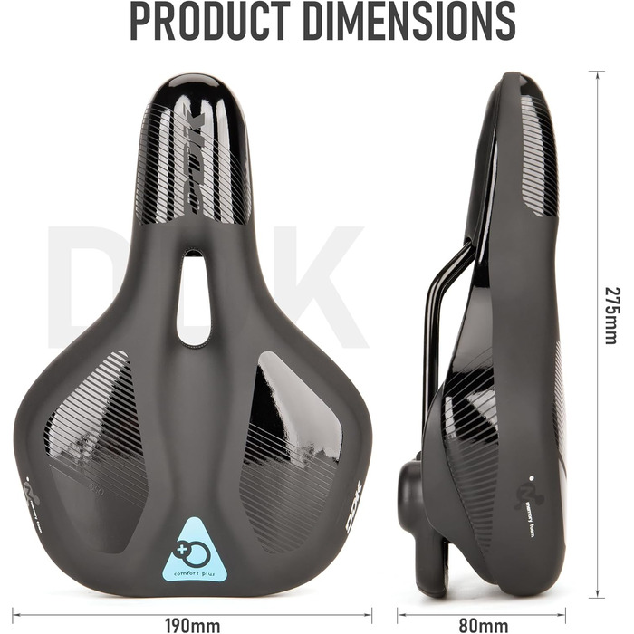 Велосипедне сідло DDK Comfort Plus – з піною Memory, комфортне, зняття тиску та амортизація – зручне, м'яко стьобане сідло для чоловіків та жінок (MTB, шосе, місто)