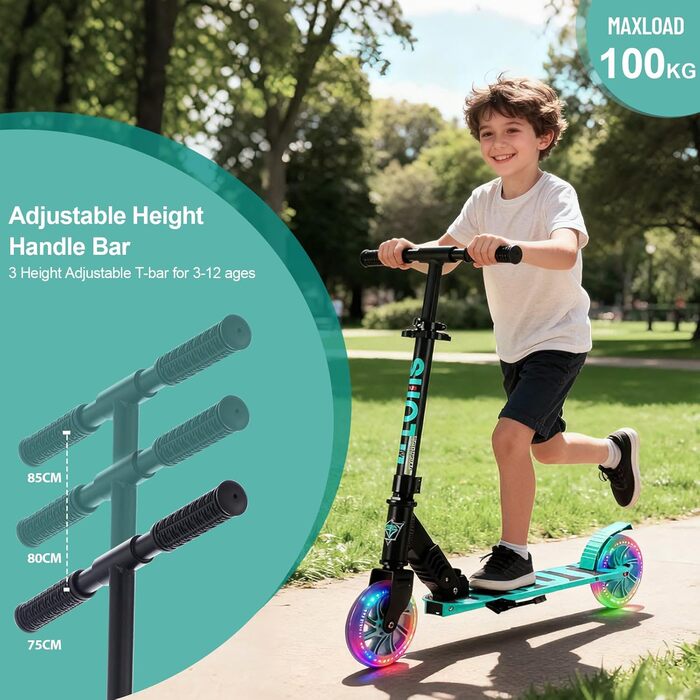 Самокат дитячий SUOTU з колесами 145 мм, до 100 кг, світлодіоди, складаний, регульована висота, для хлопчиків та дівчаток, алюмінієвий (Чорно-синій)