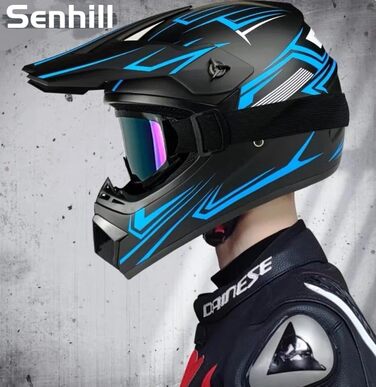 Мотошолом Motocross, повний, унісекс, для катання на велосипеді, мотоциклі, з окулярами, маскою та рукавичками, небесно-блакитний, L