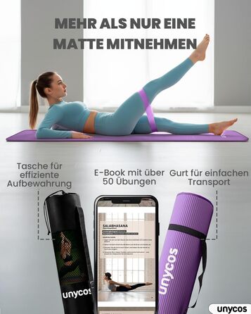 Килимок для йоги Unycos: антиковзаюча поверхня, висока щільність 6/10/15 мм, з сумкою, для пілатесу та фітнесу, колір ліловий, розмір 183*66*1 см.