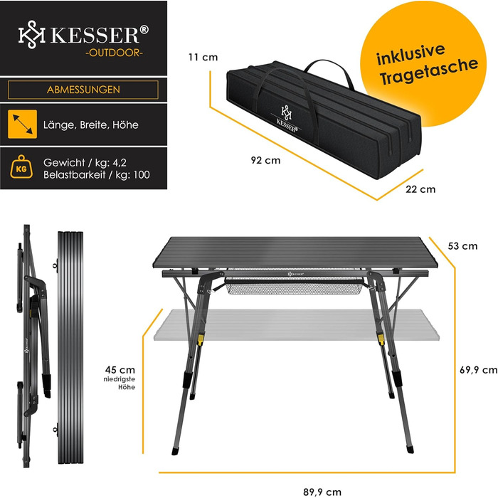 Складний кемпінговий стіл KESSER® з алюмінієвим каркасом 90x53 см, до 100 кг, з сумкою для транспортування