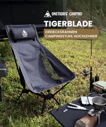 Стілець для кемпінгу OneTigris TIGERBLADE з високою спинкою, 170 кг, складаний, легкий, з трикутним каркасом, для риболовлі з 2 кишенями, для відпочинку на природі, піших прогулянок (сірий)