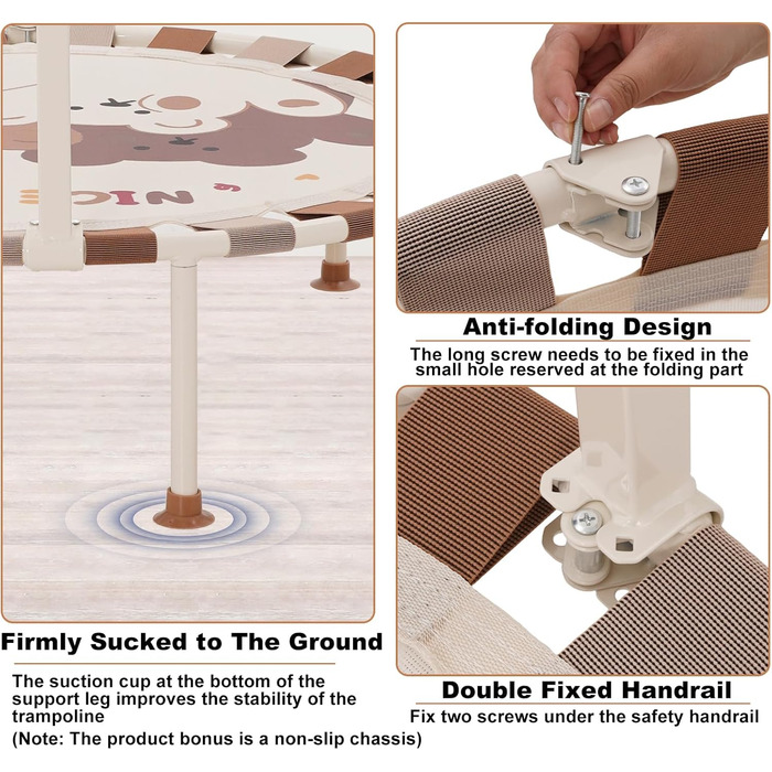 Батут дитячий для дому та саду Ø101 см з регульованою ручкою та пружинним ременем, батут для фітнесу для хлопчиків та дівчаток від 3 років, до 80 кг, бежевий