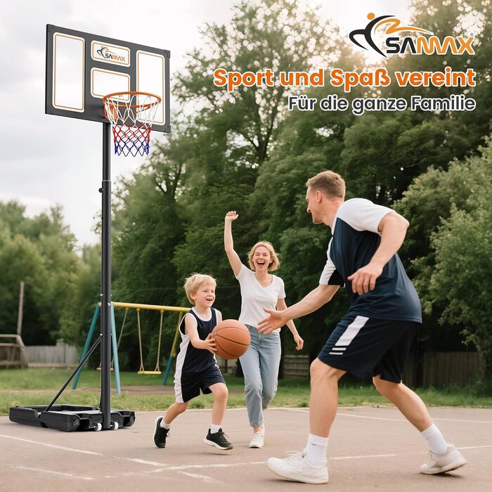 Баскетбольний кошик SAMAX на стійці, регульована висота 100-305 см, з колесами, сітка в комплекті. Підходить для гри в саду, на спортивному майданчику та полі, для дорослих та дітей.