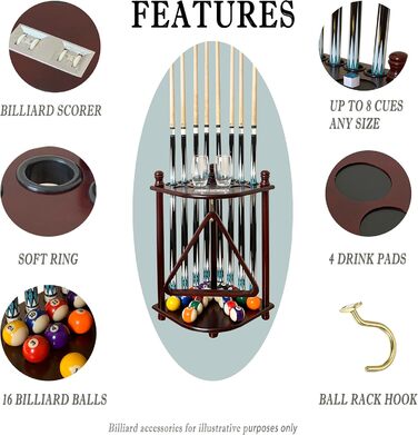 Підставка для київ для більярду на підлозі для 8 київ та аксесуарів, дерев'яна підставка для київ, кутова підставка з гачками та табло (махагон)