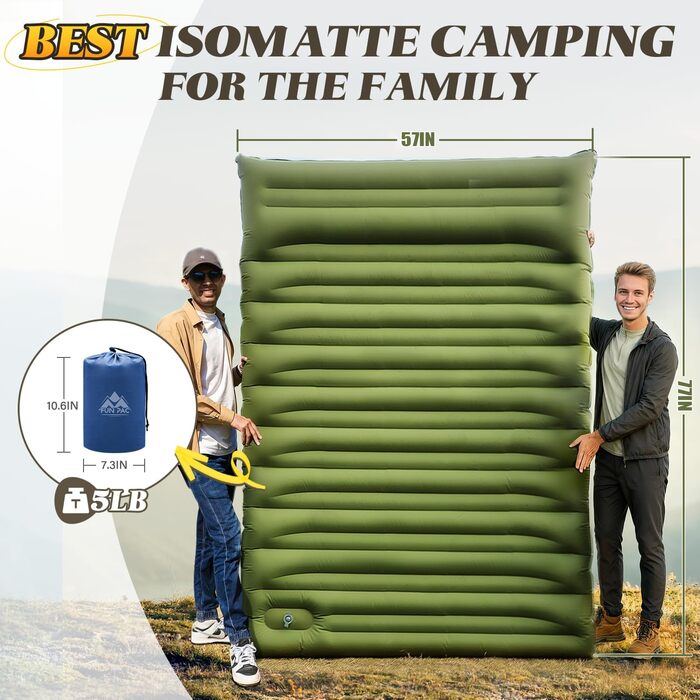 Каремат для кемпінгу, надувний, з інтегрованою помпою, компактний, для подорожей та походів (зелений)