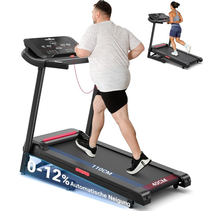 Біговий тренажер THERUN для дому та офісу, 14 км/год, 3.0 PS, нахил, датчики пульсу, складний, 136 кг, LED-підсвітка