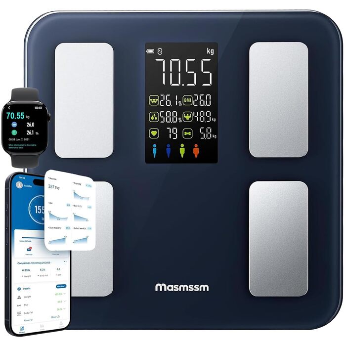 Ваги підлогові цифрові 8-в-1 Bluetooth Personenwaage: аналіз тіла, BMI, відсоток жиру, пульс, iOS/Android, до 180 кг