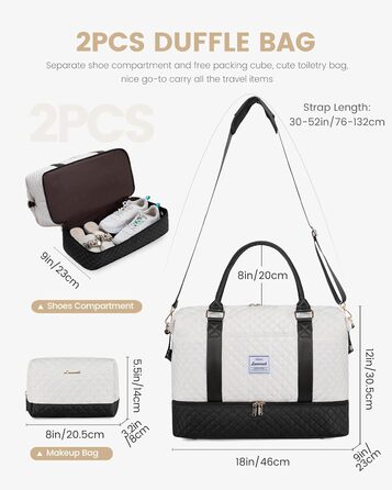 Спортивна сумка LOVEVOOK для жінок з відділенням для взуття, ручна поклажа, дорожня сумка, сумка для вихідних, містка для спортзалу, пляжу, подорожей, пологів (L-2шт, Бежевий, Чорний)