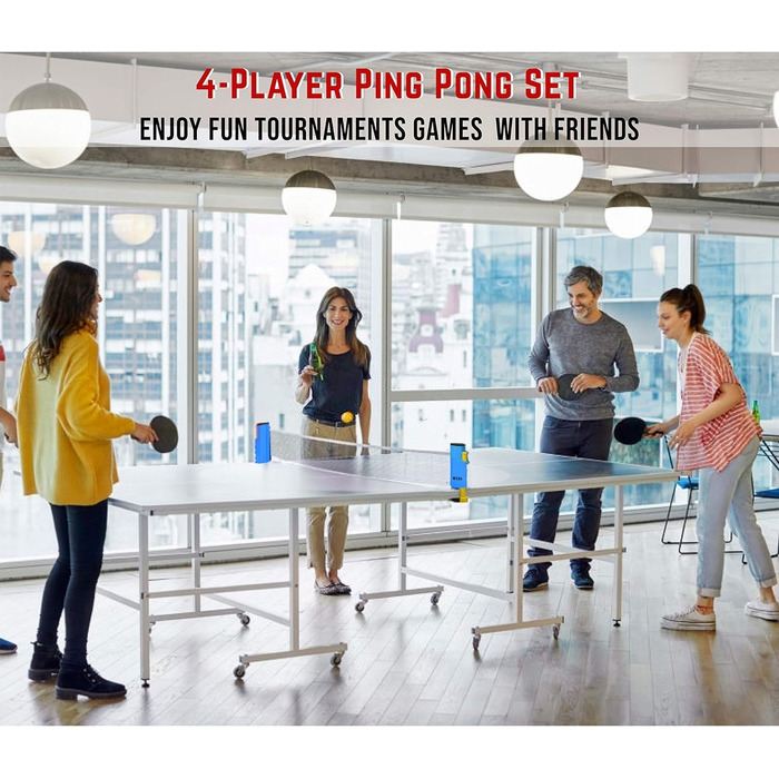 Набір для пінг-понгу: 4 професійні ракетки, розтягуване сітка, 6 м'ячів, сумка - для гри в приміщенні та на вулиці