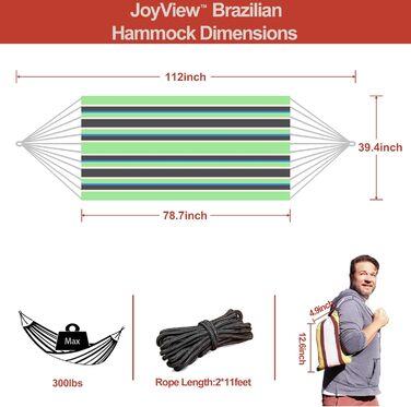 Гамак JoyView бразильський односпальний з мотузками та сумкою, 200x100 см, до 136 кг, зелено-чорний в смужку, для тераси та дому
