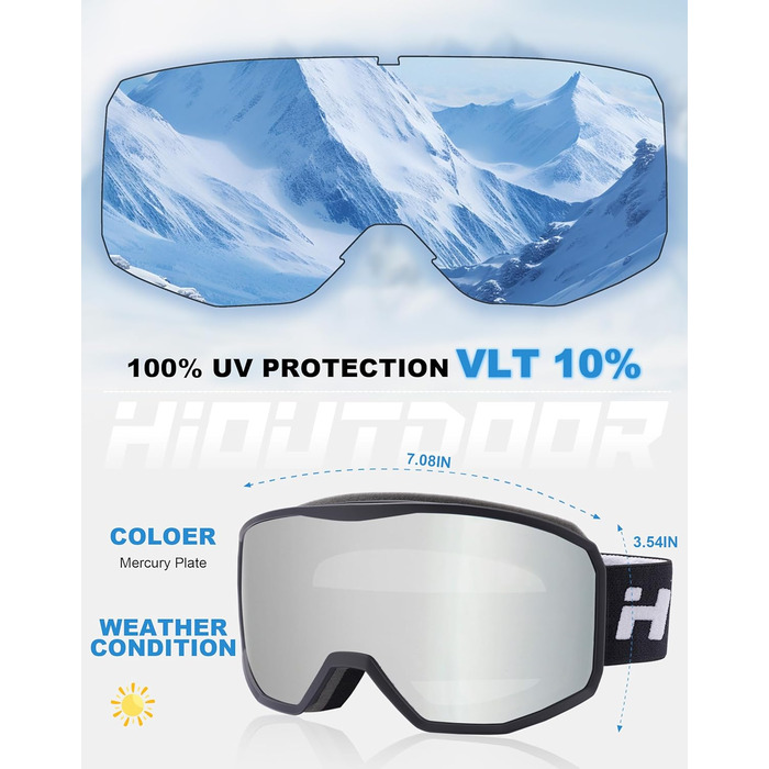 Окуляри для сноуборду та гірськолижного спорту Hioutdoor - захист 100% UV, антитуманне покриття, сумісність з шоломом, унісекс, подвійна лінза, вітрозахисні, з м'якими вставками для комфорту