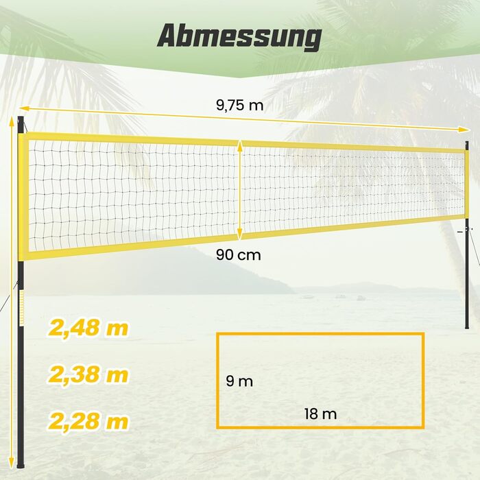 Волейбольна сітка COSTWAY Outdoor, 9,5 x 1 м, регульована висота, з підставкою, насос, молоток та сумка, для саду, пляжу, двору (жовта)