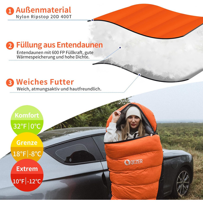 Сплячий мішок пуховий зимовий, 600FP+ Premium, 12°C -24°C, 3-4 сезони, для кемпінгу, трекінгу, походів, оранжевий