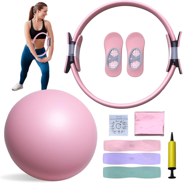 Набір для пілатесу: обруч 38 см, еластичні стрічки, м'яч, антиковзаючі шкарпетки, матеріал PP + Latex, для формування тіла вдома, підходить для жінок, рожевий