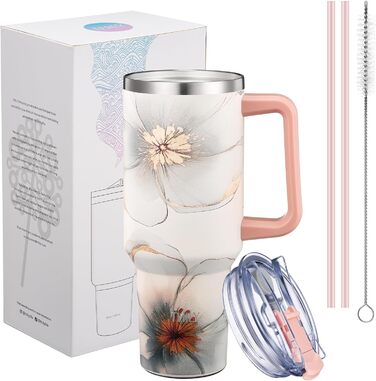 Термофляга THILY з нержавіючої сталі з кришкою та трубочкою, 1.2 л, спортивна, подвійні стінки, широке горлечко, зберігає холод/гарячість цілий день, колір Лавандовий сон (P40 - Ніжне золото, модель A: міцний ручка + компактна основа)