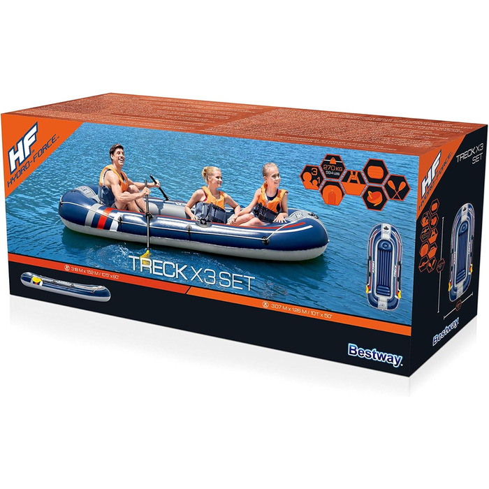 Надувний човен Bestway Hydro-Force Treck X3 для 3 дорослих та 1 дитини, 307x126x39 см, комплект