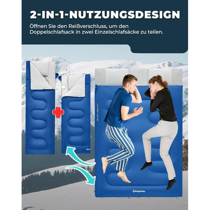 Сплячий мішок KingCamp для двох осіб, зимовий, для кемпінгу, блакитний. Зручний та теплий спальник для відпочинку на природі.