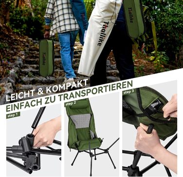 Крісло для кемпінгу Hochlehner, складне, 150 кг, ультралегке, портативне, з підголівником та двома кишенями, компактне рибальське крісло, для кемпінгу, пляжу, відпочинку на природі та піших прогулянок (колір: хакі)