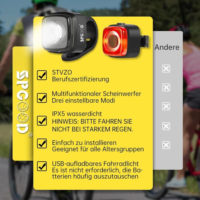 Велосипедні ліхтарі SPGOOD: комплект переднього та заднього ліхтаря, USB-C, водонепроникні (IPX5), сертифіковані StVZO