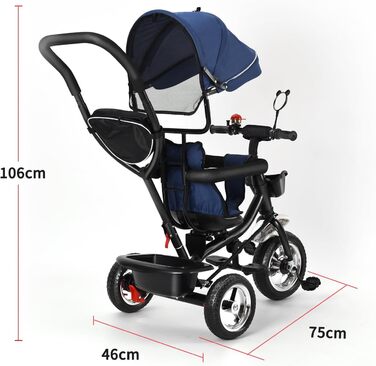 Триколісний велосипед 4 в 1 для дітей від 1 року з батьківською ручкою – дитячий триколіс для 1-4 роки до 25 кг, регульована батьківська ручка, поворотне сидіння, складна тентова система та кошик – компактний та безпечний (Темно-синій)