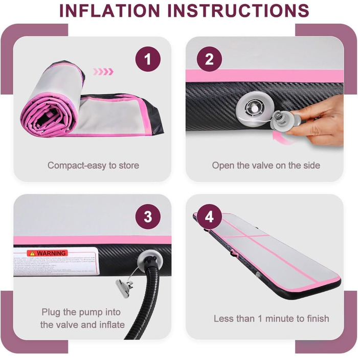 Гімнастичний надувний мат для тренувань, 10/20 см, надувна, 2/3/4/5/6 м, чорний/рожевий, 300x100x20 см