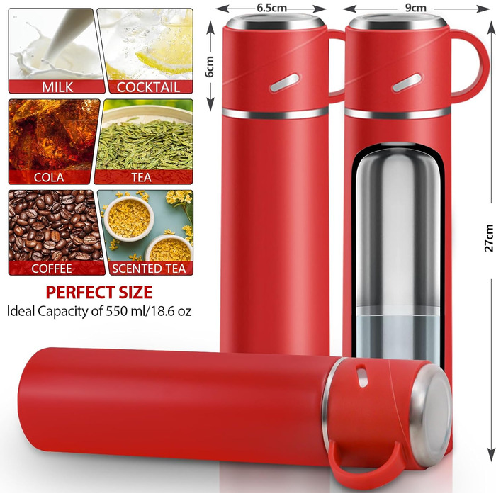 Термос IAGORYUE з нержавіючої сталі, 0.55л, з ізоляцією та виливним кришкою, подвійні стінки, зберігає тепло/холод до 12 годин, для спорту, офісу, відпочинку на природі (червоний)