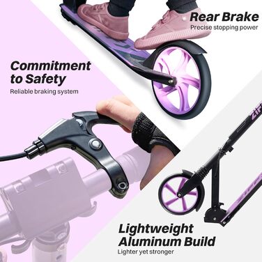 Тротлер ZIFFY для дітей та дорослих, 6-12 років, зелено-фіолетовий, 200 мм колеса, ABEC-9, амортизація, складний алюмінієвий каркас, регульований кермо, ручне гальмо, вантажопідйомність 118 кг