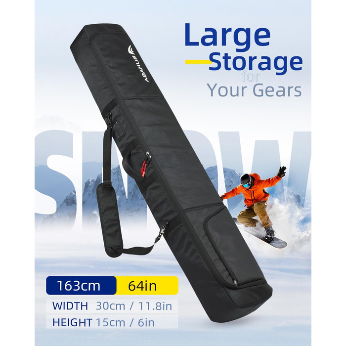 Чохол для сноуборду Abahub, водонепроникний, чорний, 163 см. Підходить для аксесуарів та перевезень літаком