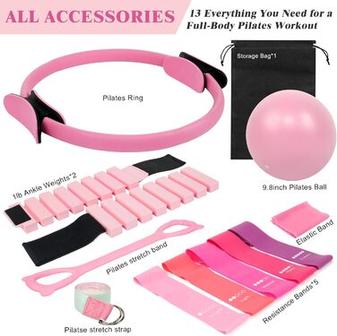 Комплект для пілатесу для жінок Home Pilates Essentials Kit 13-в-1: кільце, м'яч, 5 гумок опору TPE, утяжелители для щиколоток, еспандер-вісімка, стрічка для розтяжки та водонепроникна сумка (13 предметів)