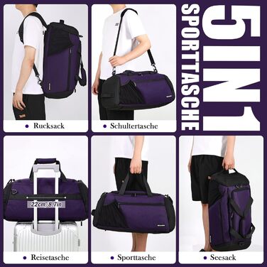 Спортивна сумка чоловіча 40L, рюкзак-трансформер з відділенням для взуття та мокрих речей, водонепроникна, для тренувань, подорожей, універсальна (фіолетовий)